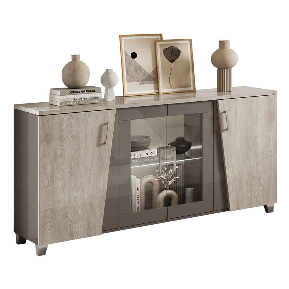 Marvix Grey Small High Gloss Sideboard with LED Lighting and 4 Doors