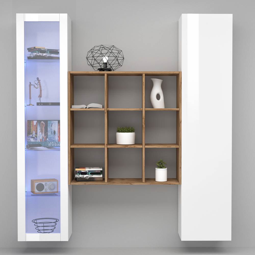 Marysville High Gloss LED Display Cabinet With 2 Doors And 6 Shelves In White Oak