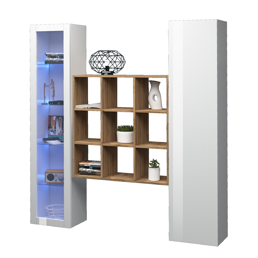 Marysville High Gloss LED Display Cabinet With 2 Doors And 6 Shelves In White Oak