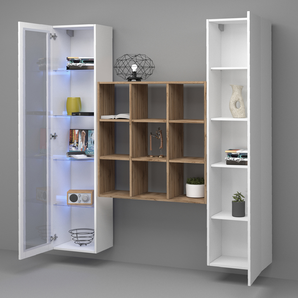 Marysville High Gloss LED Display Cabinet With 2 Doors And 6 Shelves In White Oak