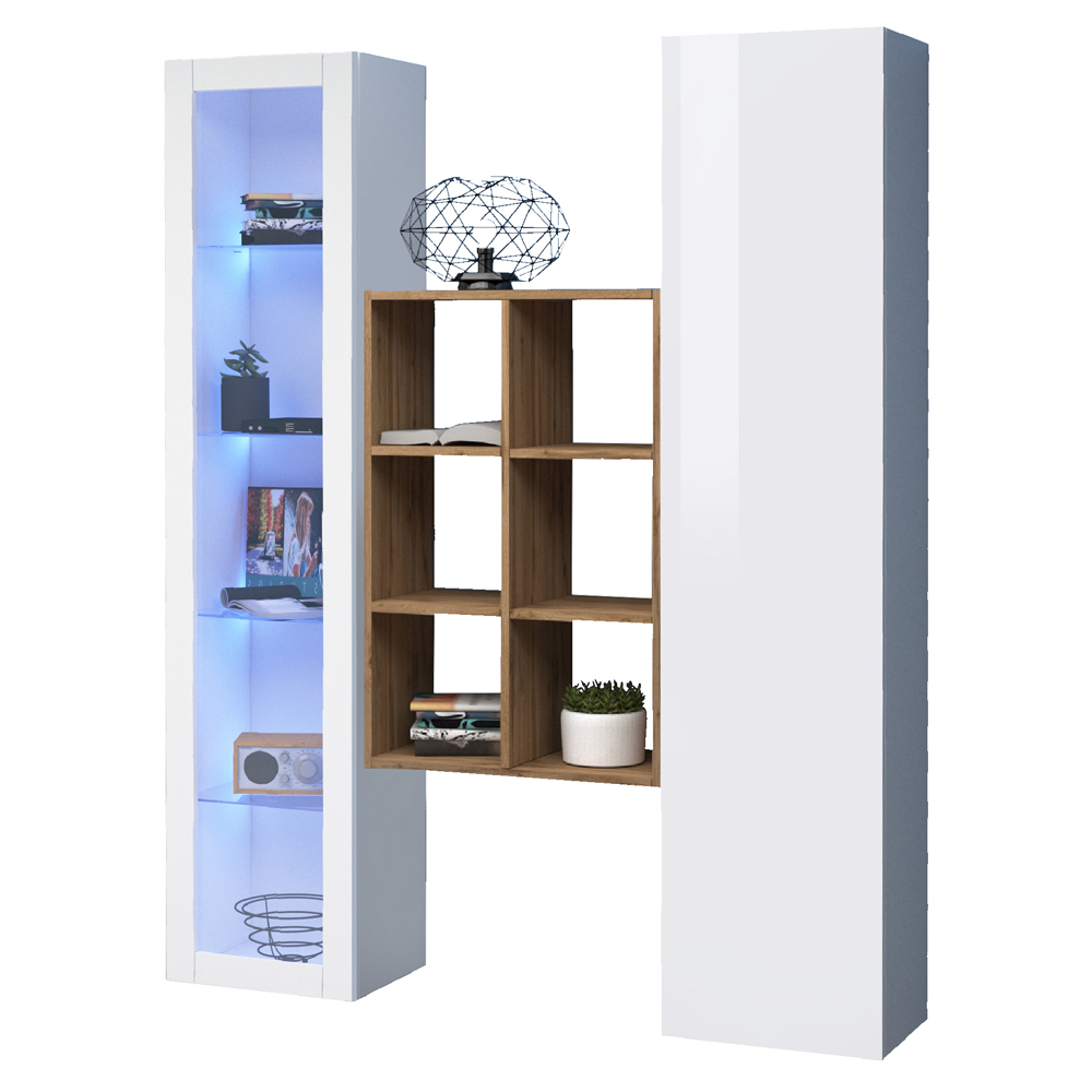Marysville White Glossy LED Display Cabinet With 2 Doors And 9 Shelves In Oak