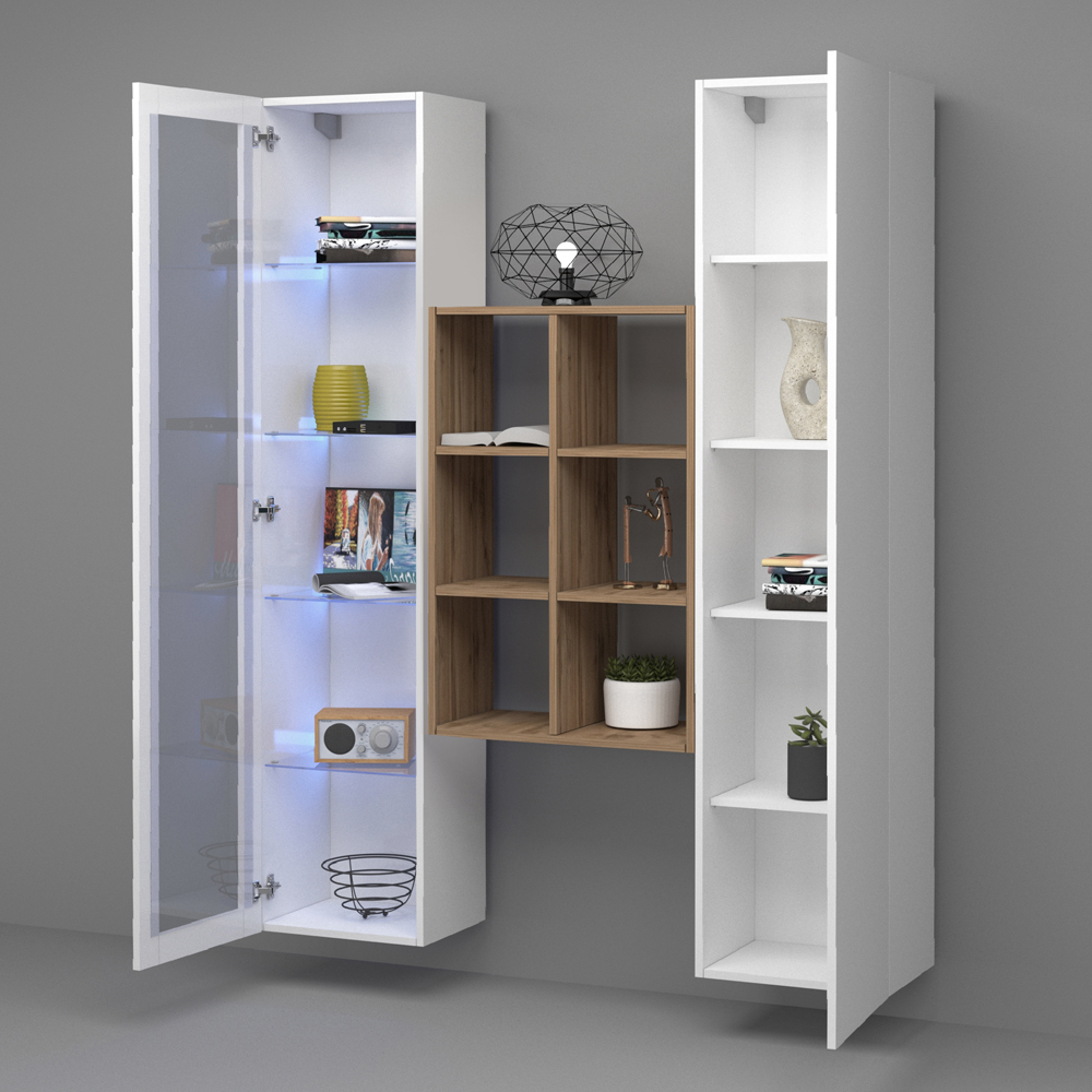 Marysville White Glossy LED Display Cabinet With 2 Doors And 9 Shelves In Oak