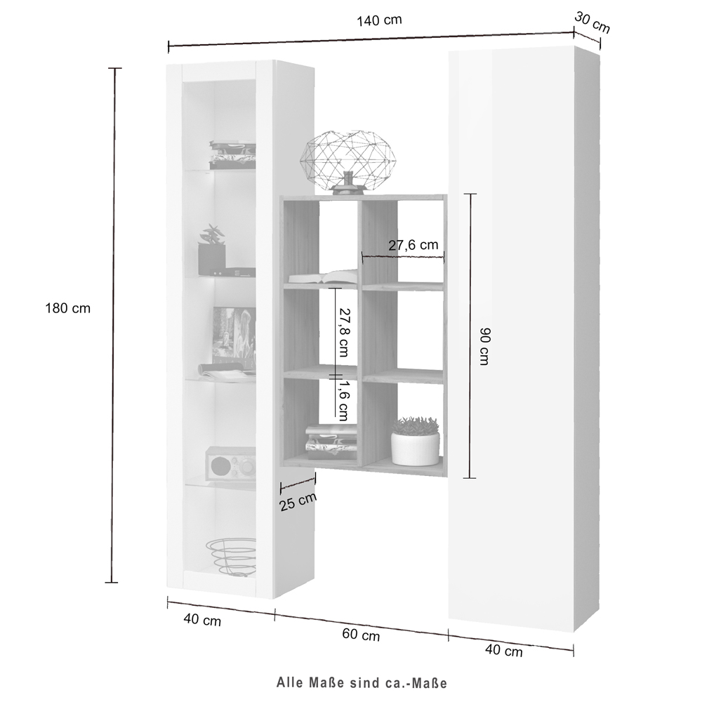 Marysville White Glossy LED Display Cabinet With 2 Doors And 9 Shelves In Oak