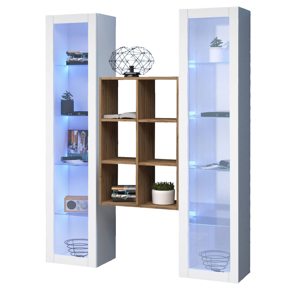 Marysville White Glossy LED Display Cabinet With 2 Glass Doors And 9 Shelves In Oak