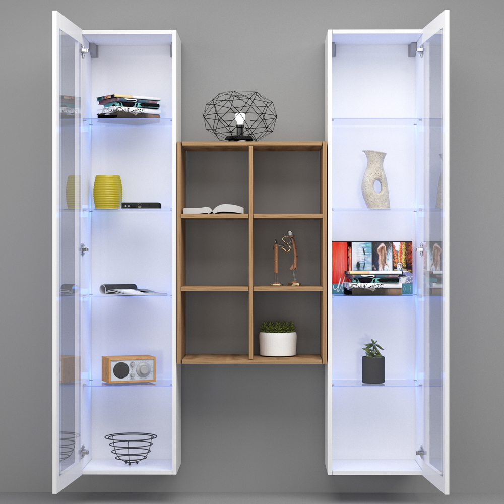 Marysville White Glossy LED Display Cabinet With 2 Glass Doors And 9 Shelves In Oak