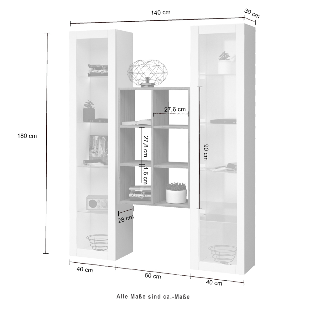Marysville White Glossy LED Display Cabinet With 2 Glass Doors And 9 Shelves In Oak