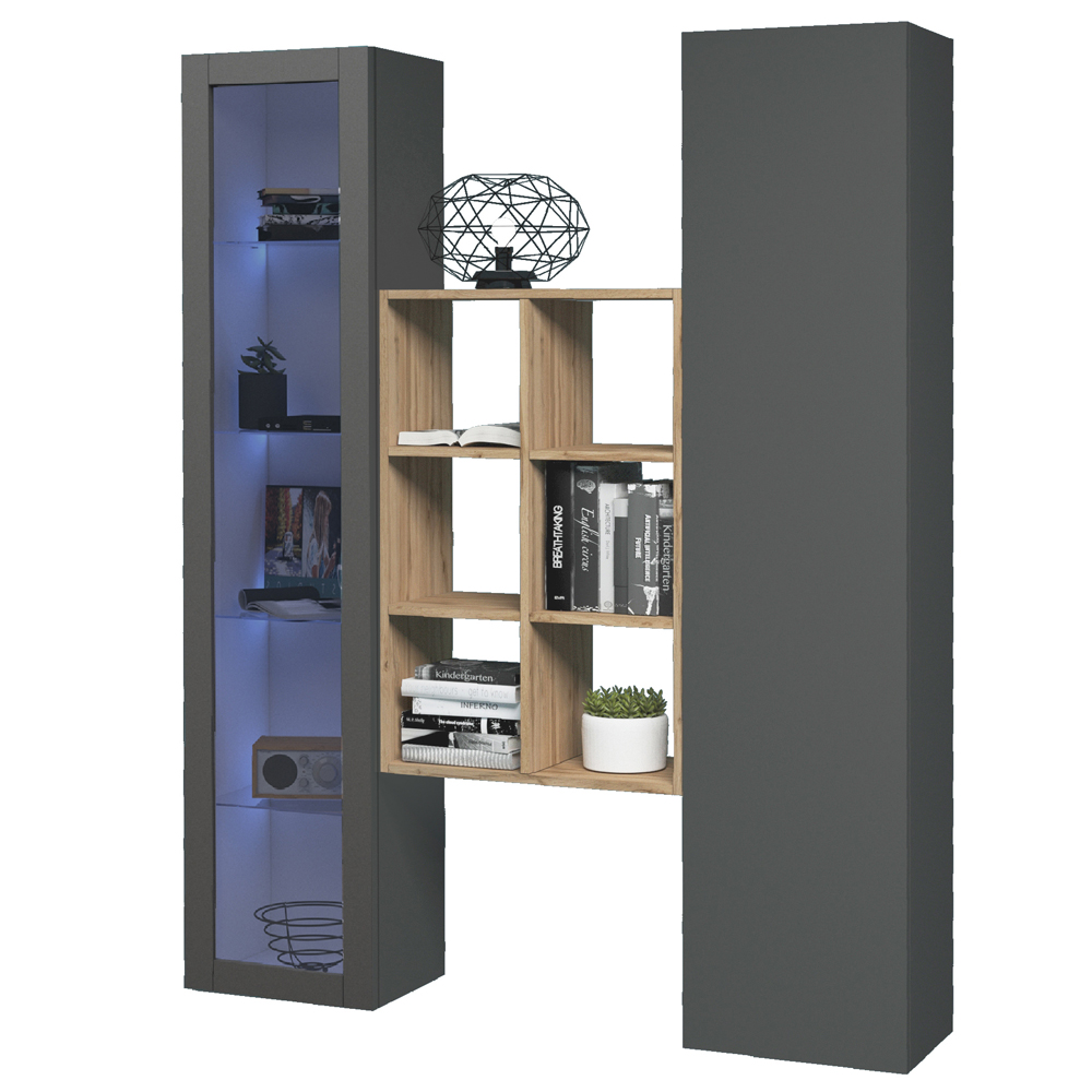 Marysville Wooden LED Display Cabinet With 2 Doors And 6 Shelves In Anthracite Oak