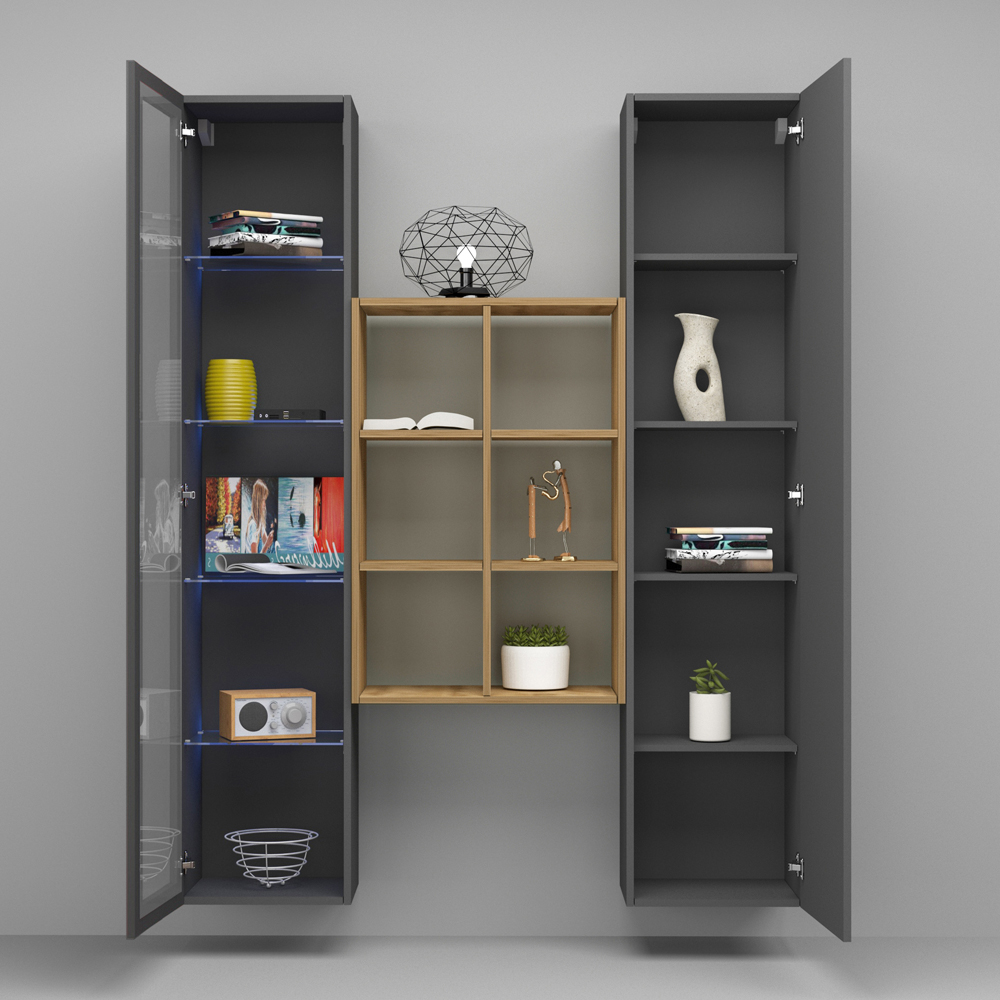 Marysville Wooden LED Display Cabinet With 2 Doors And 6 Shelves In Anthracite Oak