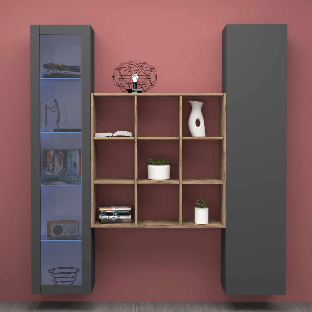 Marysville Wooden LED Display Cabinet With 2 Doors And 9 Shelves In Anthracite Oak