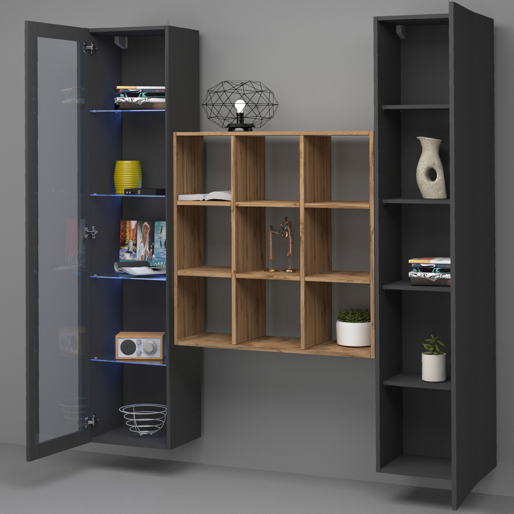 Marysville Wooden LED Display Cabinet With 2 Doors And 9 Shelves In Anthracite Oak