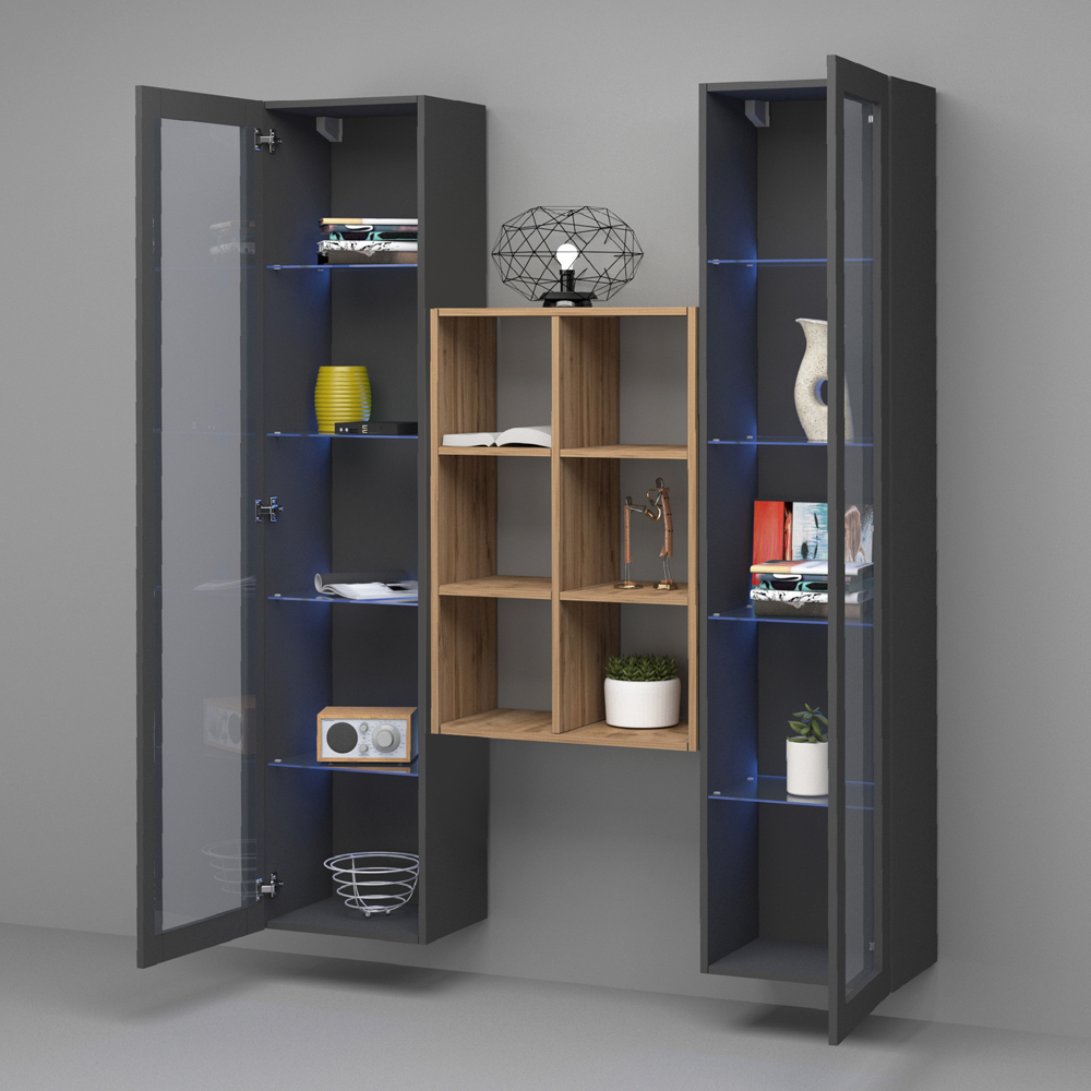 Marysville Wooden LED Display Cabinet With 2 Glass Doors And 6 Shelves In Anthracite