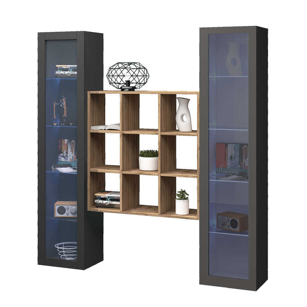 Marysville Wooden LED Display Cabinet With 2 Glass Doors And 9 Shelves In Anthracite