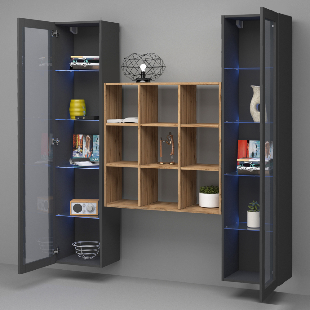 Marysville Wooden LED Display Cabinet With 2 Glass Doors And 9 Shelves In Anthracite