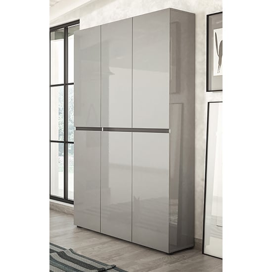 Product photograph of Maestro High Gloss Shoe Cabinet Tall 6 Doors 20 Shelves In Grey from Furniture in Fashion