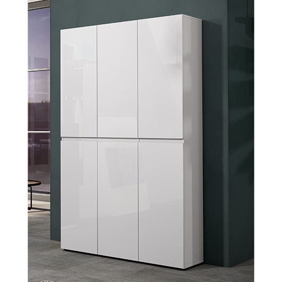 Product photograph of Maestro High Gloss Shoe Cabinet Tall 6 Doors 20 Shelves In White from Furniture in Fashion