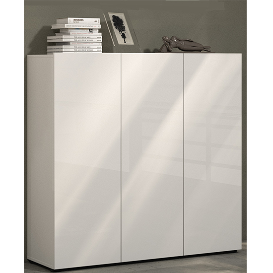 Product photograph of Maestro High Gloss Shoe Cabinet 3 Doors 10 Shelves In White from Furniture in Fashion