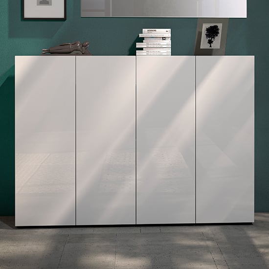 Product photograph of Maestro High Gloss Shoe Cabinet 4 Doors 10 Shelves In White from Furniture in Fashion