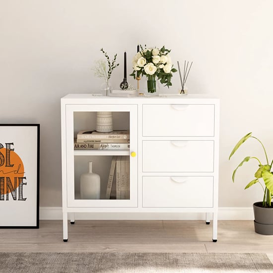 Product photograph of Masika Steel Display Cabinet With 1 Door 3 Drawers In White from Furniture in Fashion