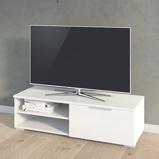 Product photograph of Matcher High Gloss 1 Drawer 2 Shelves Tv Stand In White from Furniture in Fashion