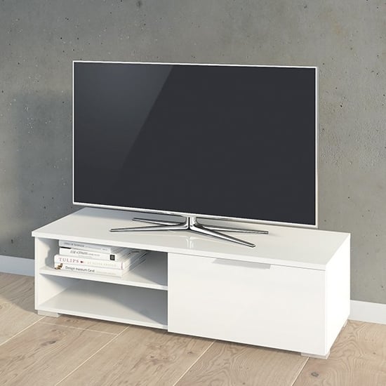 Read more about Matcher high gloss tv stand with 1 door 2 shelves in white