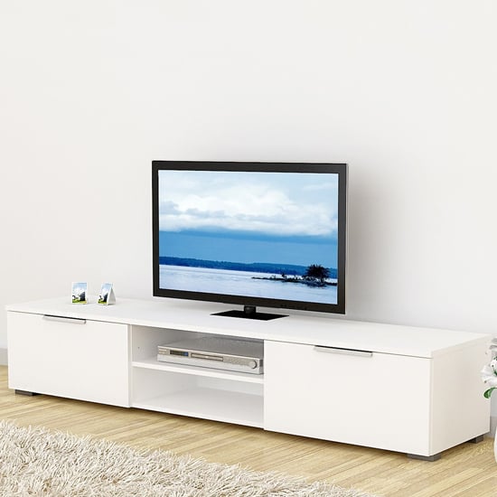 Read more about Matcher high gloss tv stand with 2 doors 2 shelves in white
