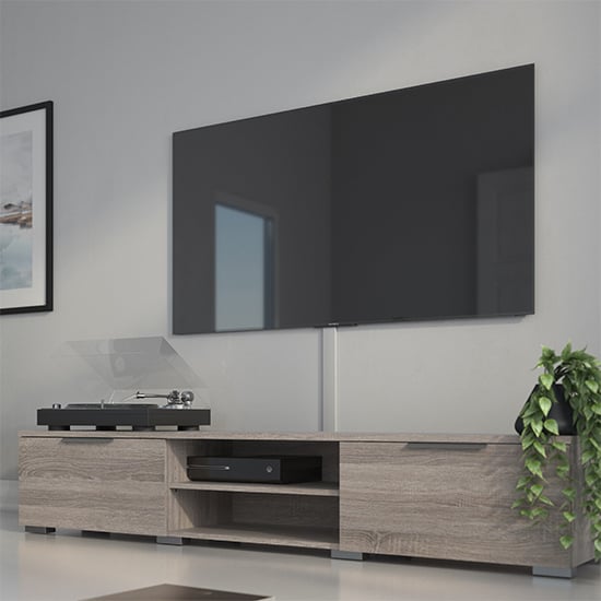 Read more about Matcher wooden tv stand with 2 drawer 2 shelves in truffle oak