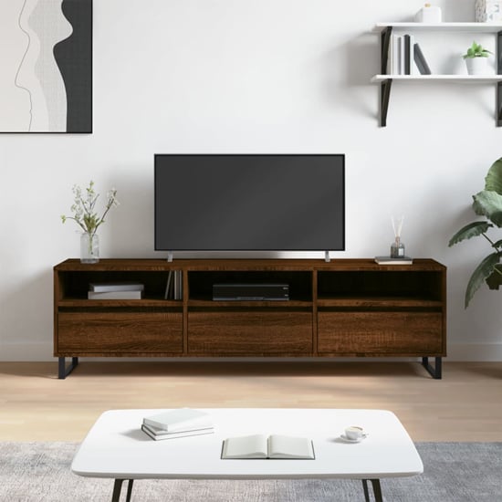 Mateo Wooden TV Stand With 3 Flap Doors In Brown Oak