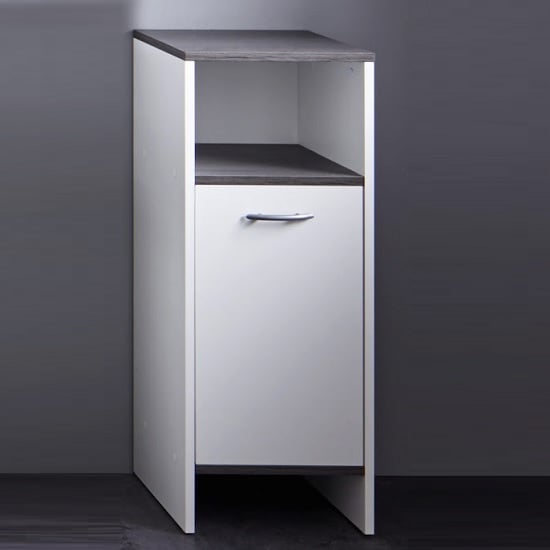 Read more about Matis modern bathroom cabinet in white and smoky silver