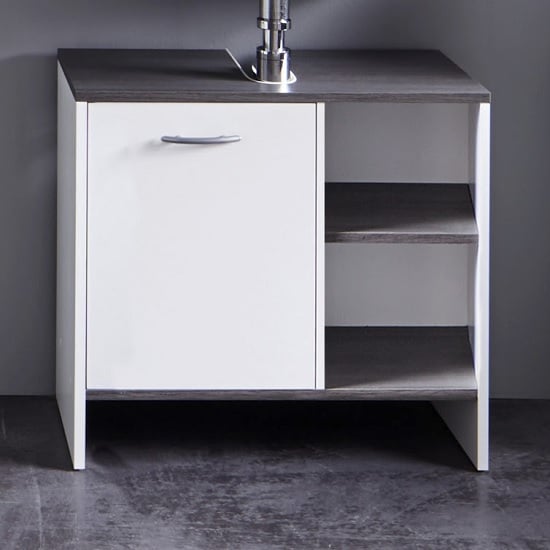 Photo of Matis vanity cabinet in white and smoky silver with 1 door