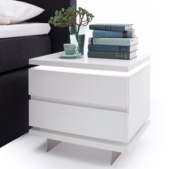 Product photograph of Matis Bedside Cabinet In White Gloss With 2 Drawers And Led from Furniture in Fashion