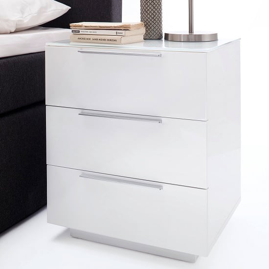 Fresh Tall Bedside Cabinet In White Glass Top And High Gloss