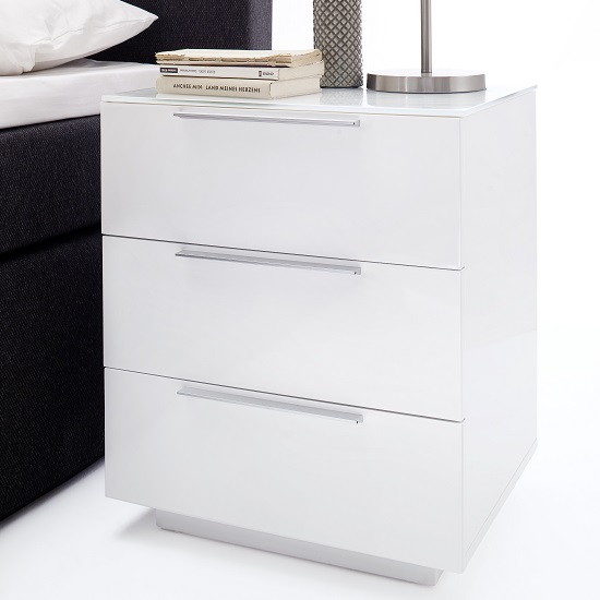 Read more about Fresh tall bedside cabinet in white glass top and high gloss