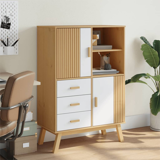 Read more about Matlock wooden highboard with 3 drawers in white and brown