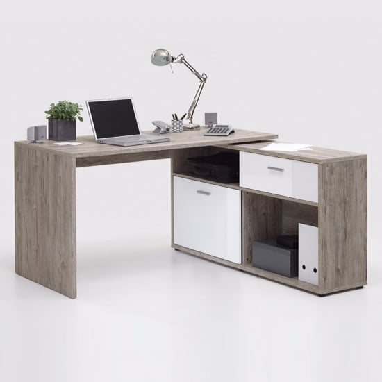 Read more about Mattia corner computer desk in sand oak and white high gloss