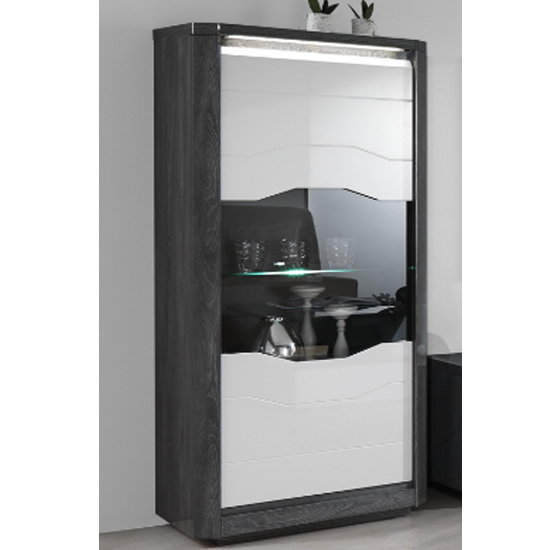 Mattis Display Cabinet In Gloss White And Grey Oak With LED