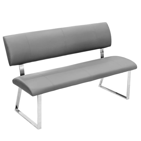 Mattis Dining Bench In Grey Faux Leather With Chrome Base