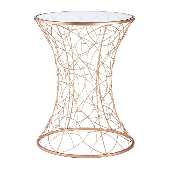 Product photograph of Alamon Round Glass Side Table With Rose Gold Metal Frame from Furniture in Fashion