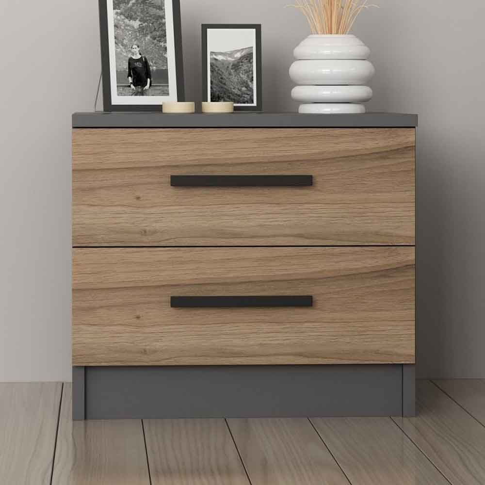 Mavero Wooden Bedside Cabinet With 2 Drawers in Anthracite and Walnut