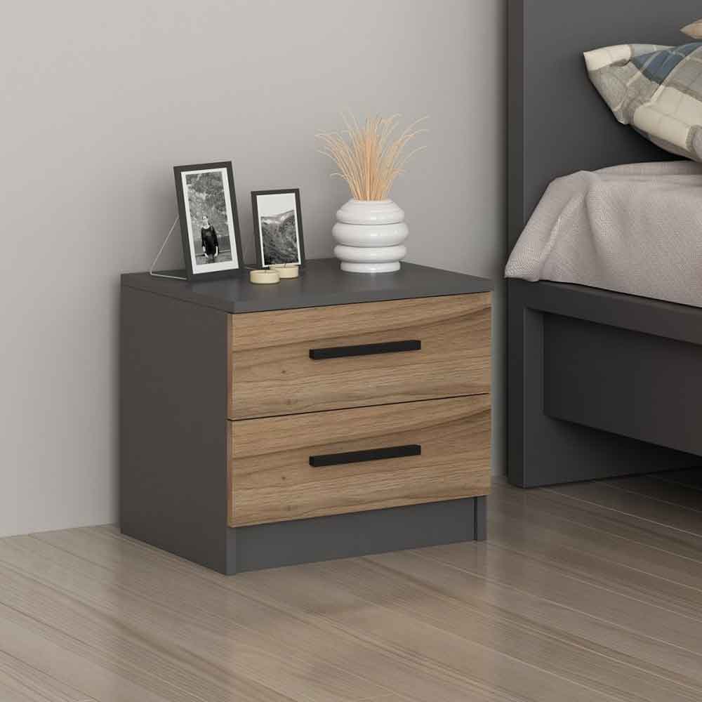 Mavero Wooden Bedside Cabinet With 2 Drawers in Anthracite and Walnut