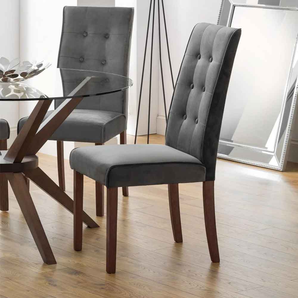 Mavira Grey Velvet Dining Chairs with Walnut Legs in Pair
