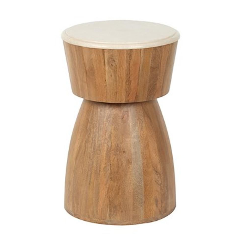 Mavon Round Mango Wood End Table in Oak and White