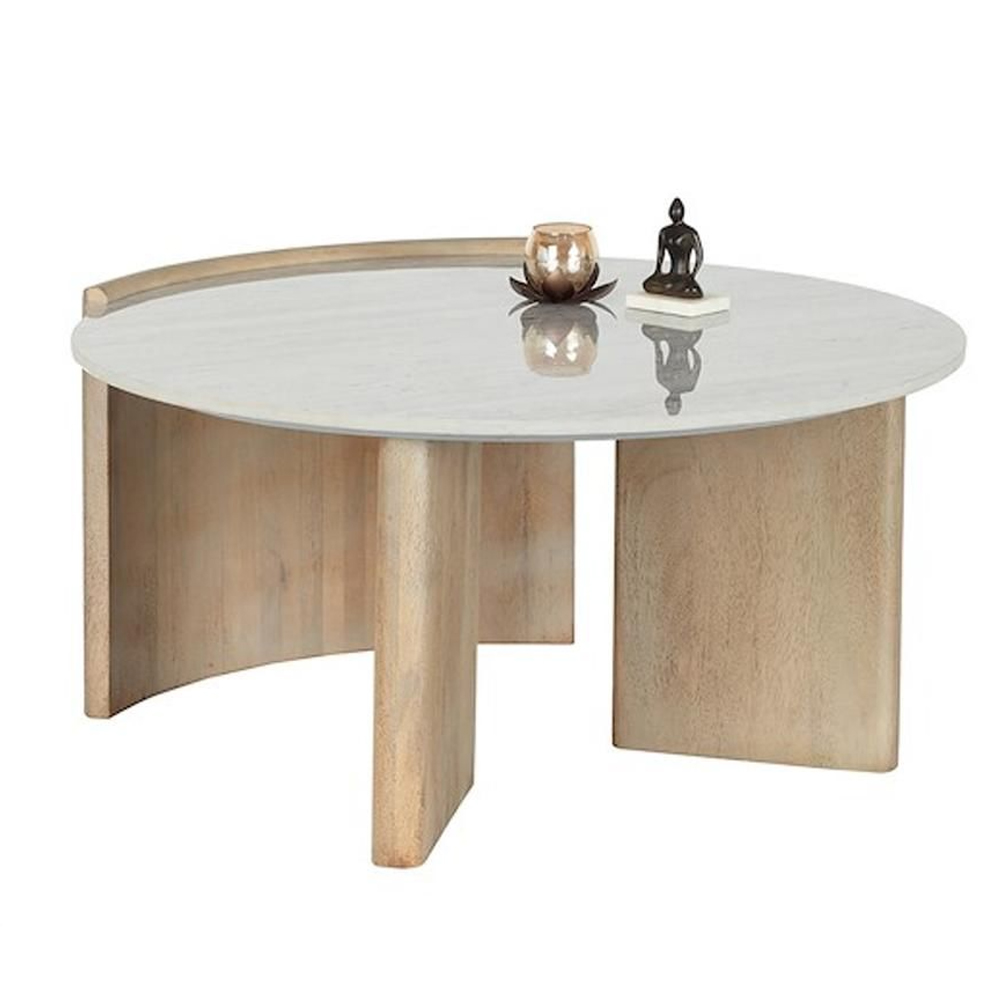 Mavon Round White Marble Effect Top Coffee Table with Oak Mango Wood Base