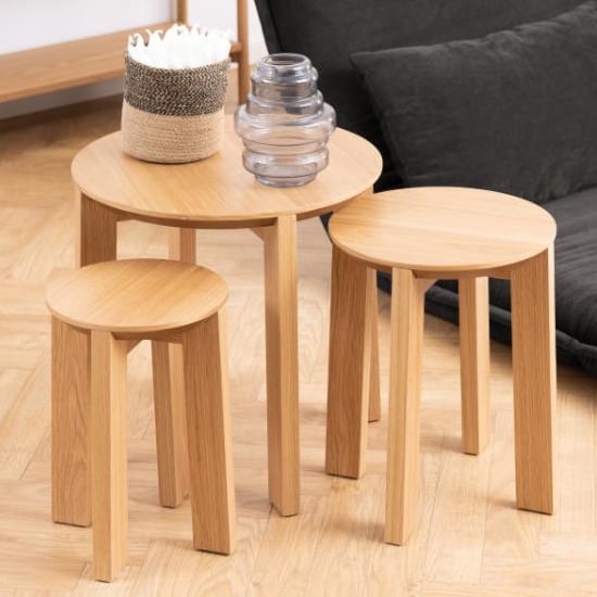 Product photograph of Maxims Wooden Nest Of 3 Tables Round In Matt Oak from Furniture in Fashion