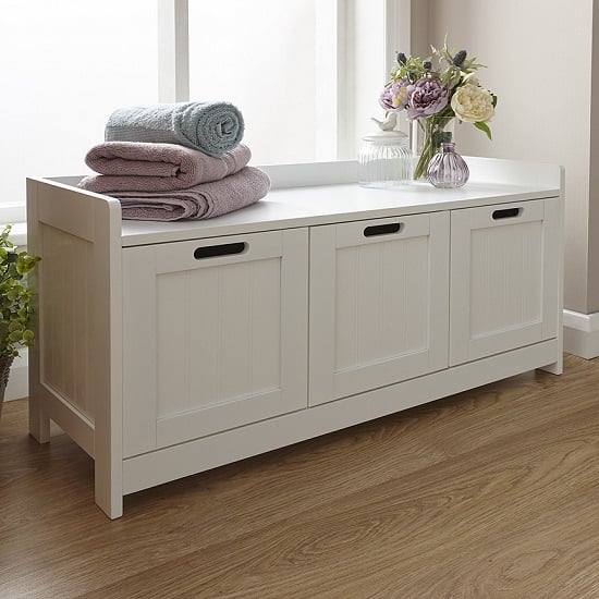 Photo of Catford wooden storage bench in white with 3 doors