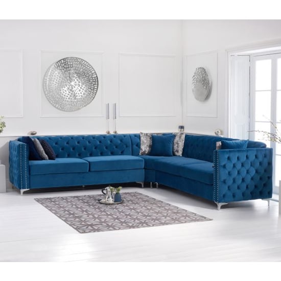 Maxo Velvet Upholstered Corner Sofa In Blue