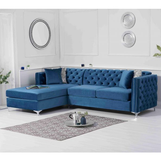 Maxo Velvet Left Facing Corner Chaise Sofa In Blue