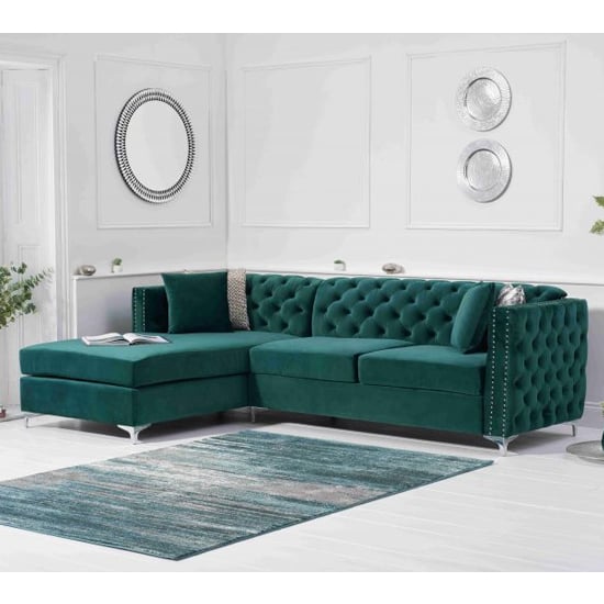 Maxo Velvet Left Facing Corner Chaise Sofa In Green