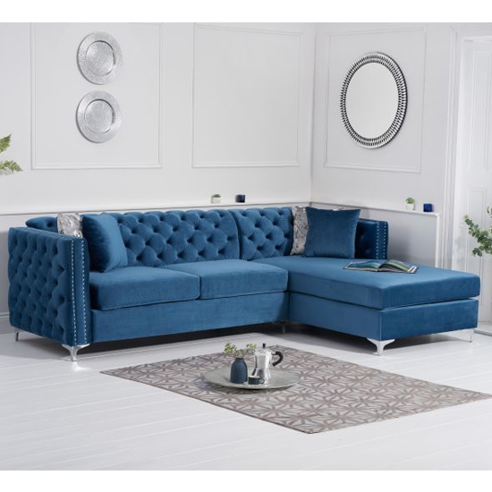 Maxo Velvet Upholstered Right Handed Chaise Corner Sofa In Blue