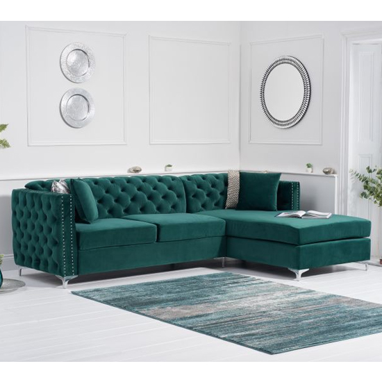 Maxo Velvet Upholstered Right Handed Chaise Corner Sofa In Green