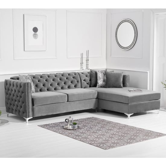 Maxo Velvet Upholstered Right Handed Chaise Corner Sofa In Grey